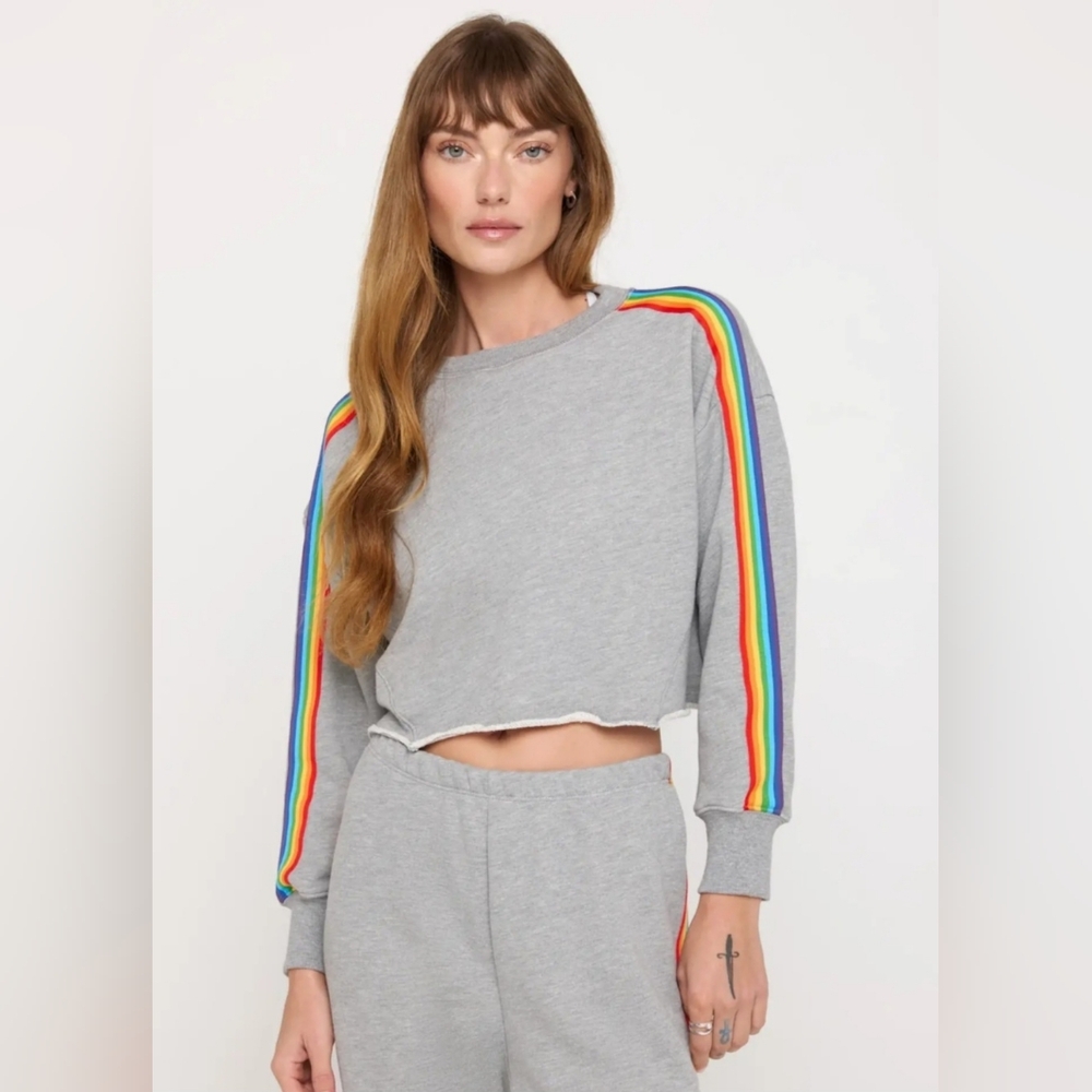 Spiritual Gangster Cropped Sweatshirt W Vibrant Rainbow Stripes- In Heather Gray - Picture 1 of 9